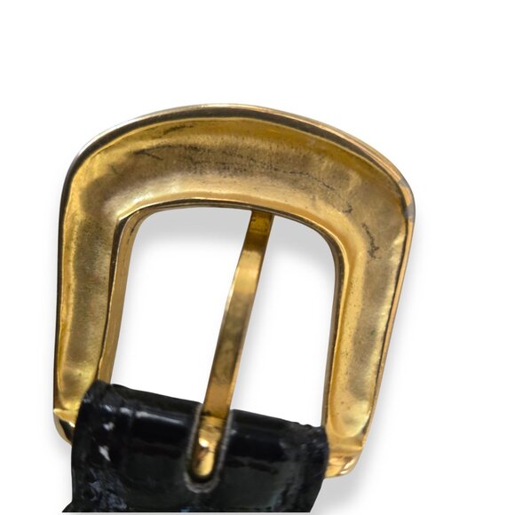 Vintage German Elephant Belt Black Patent Leather Gold Hardware Sz 90 Good Luck - Picture 8 of 12